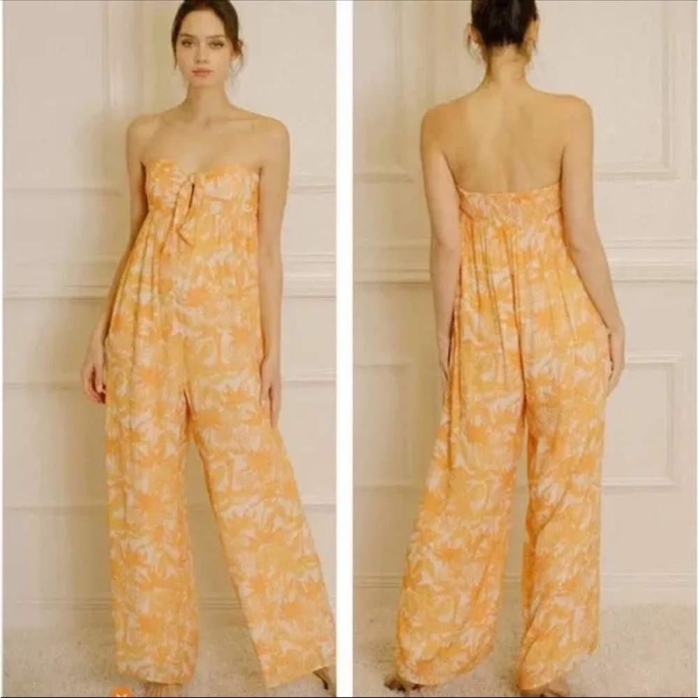 New STORIA Jumpsuit Wide Leg Sz L PALM TREE STRAPLESS Hawaiian Tropical Vacation - Picture 1 of 11